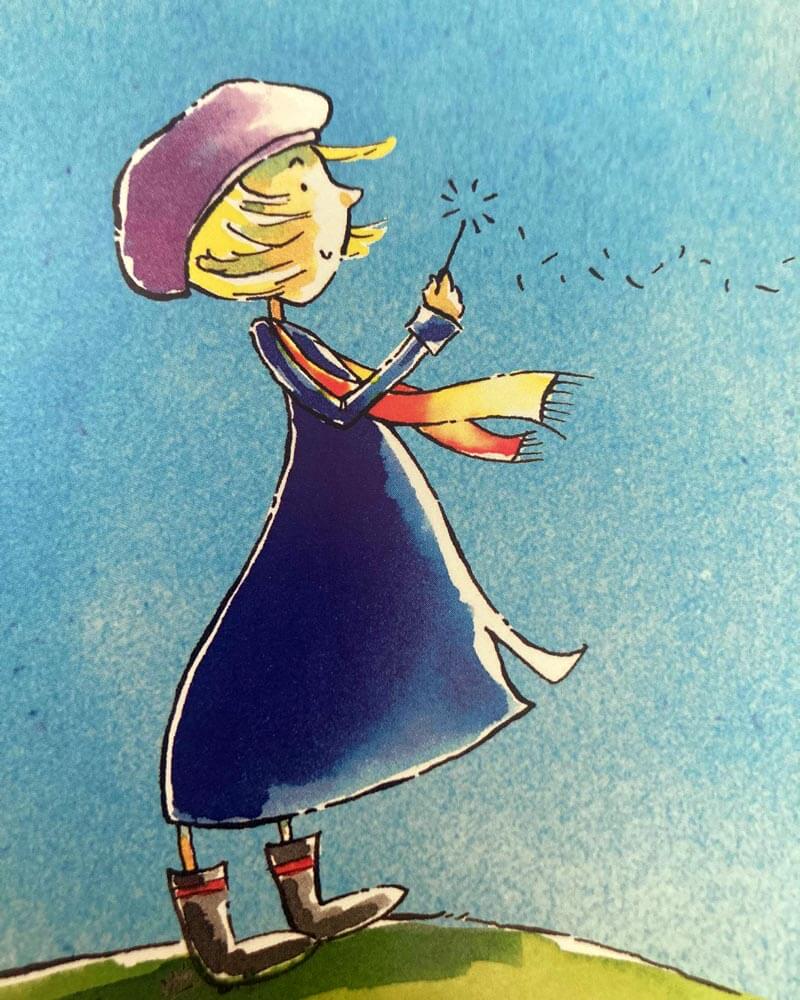 Illustration of a girl standing in the wind holding a dandelion flower
