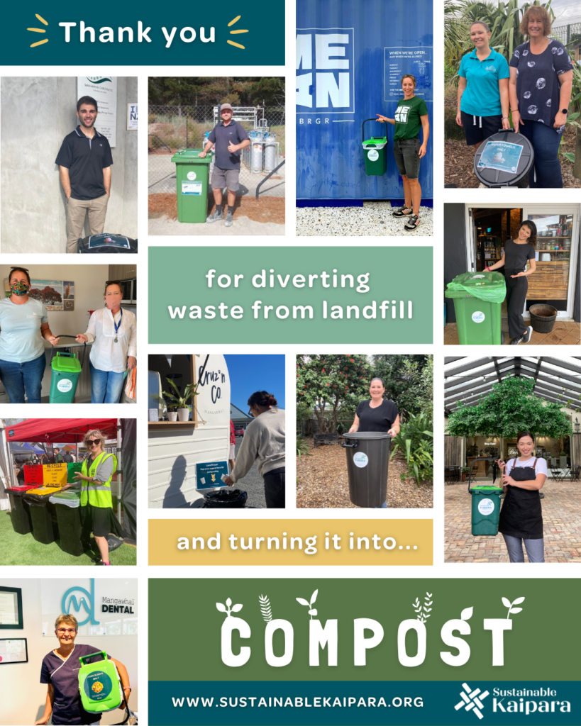 A "thankyou" poster picturing businesses who are using the Mangawhai community composting service